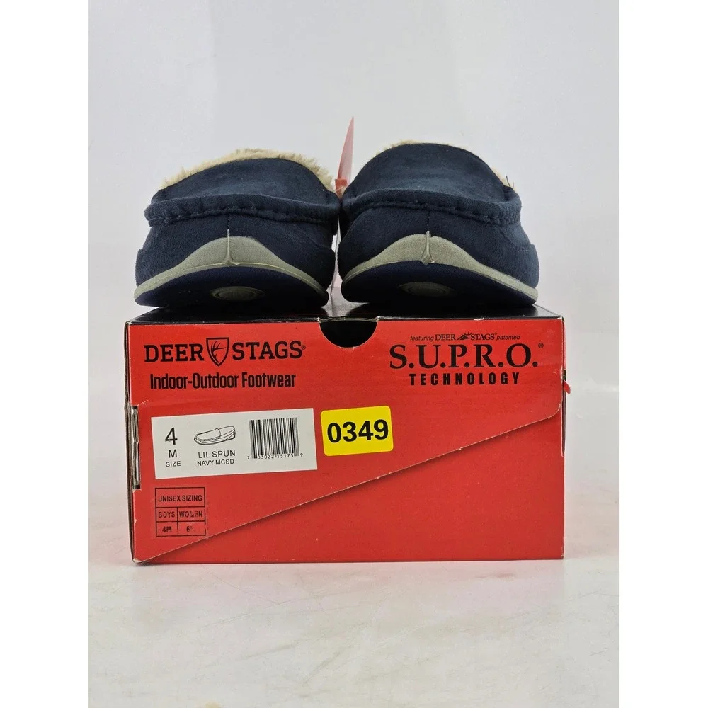 Deer Stags Lil Spun Slipperqz Boys Size 4 Navy Blue Moccasin Slippers - New